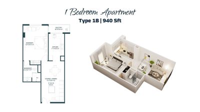 Floor plan – 1-Bedroom Apartment Type 1B (940Sq ft)