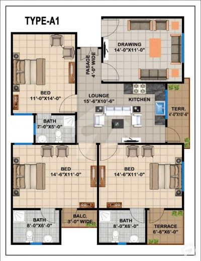 Floor plan – Type A-1 Three Bedrooms Apartment