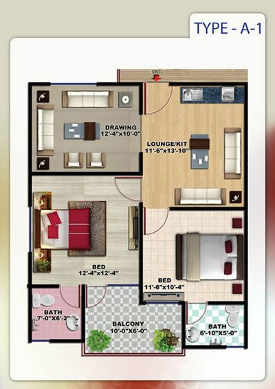 Floor plan – Type A1 - 2 Bedrooms Apartment