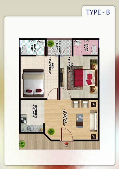 Floor plan – Type B - 2 Bedrooms Apartment