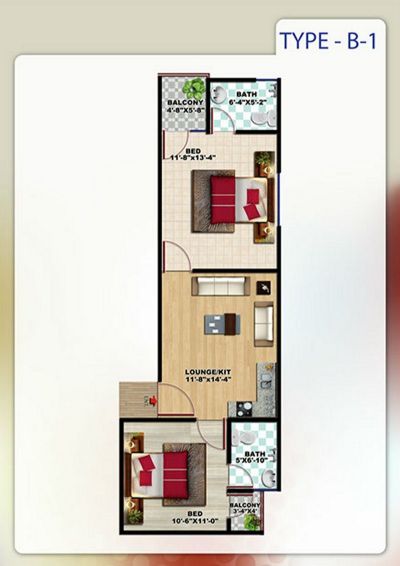 Floor plan – Type B1 - 2 Bedrooms Apartment
