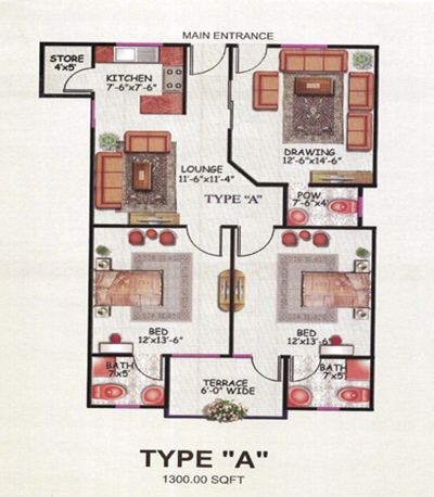 Floor plan – Type - A - 2 Bedrooms Apartment